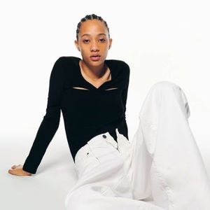 ZARA Long Sleeve Cut-Out Top in Black - size Large - never been worn w/ tags